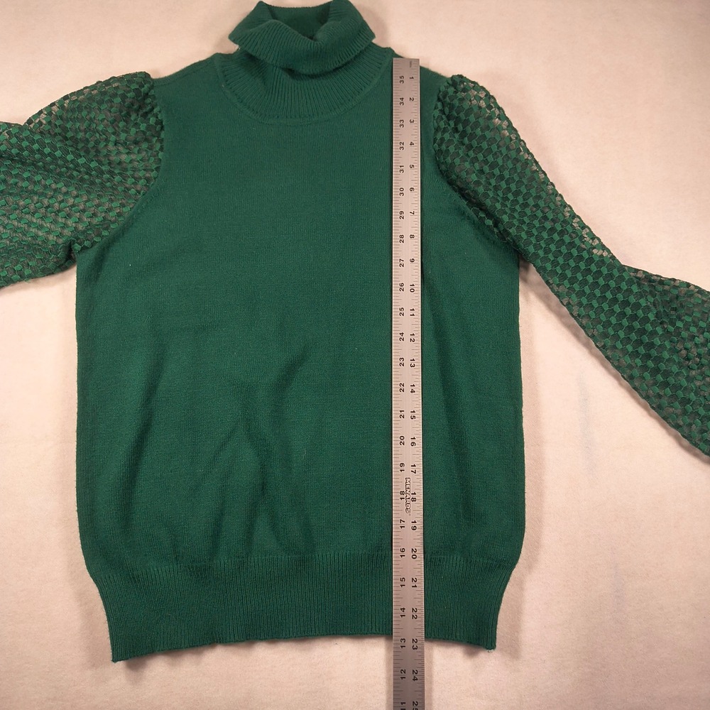 Marled Green Turtleneck Sweater Size M Sheer‎ Balloon Sleeve Pullover Chic Top - Picture 10 of 11
